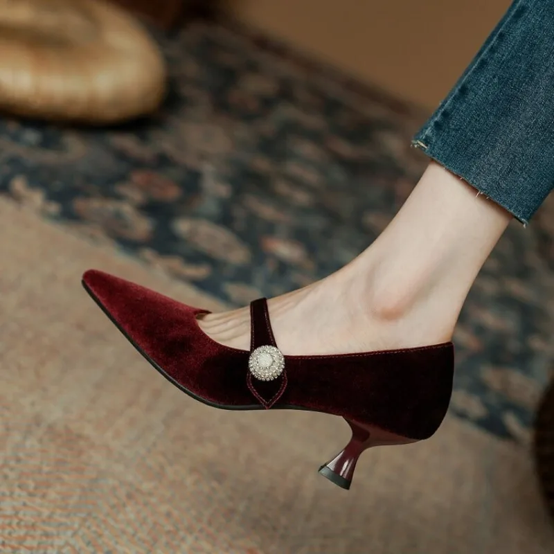 Women Shoes Heels - Wine Red Pointed Toe Mary Jane