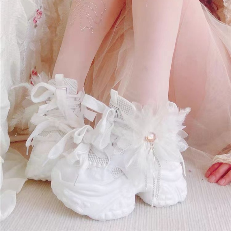Women'S Shoes Hands Free - White floral lace rhinestone tassel pearl