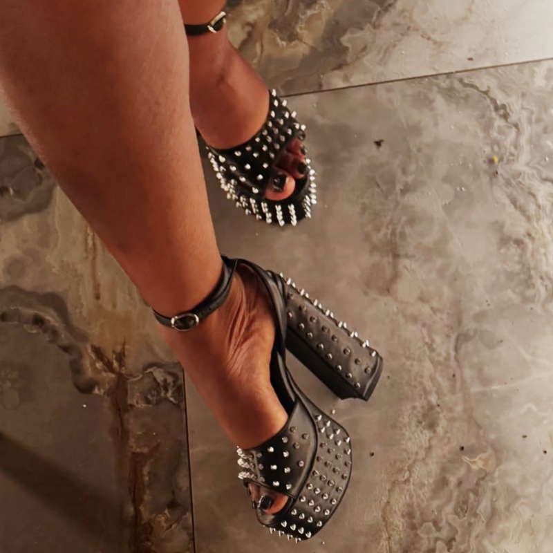 Women Shoes Heels - Black Rivet Ankle Strap Platform Block
