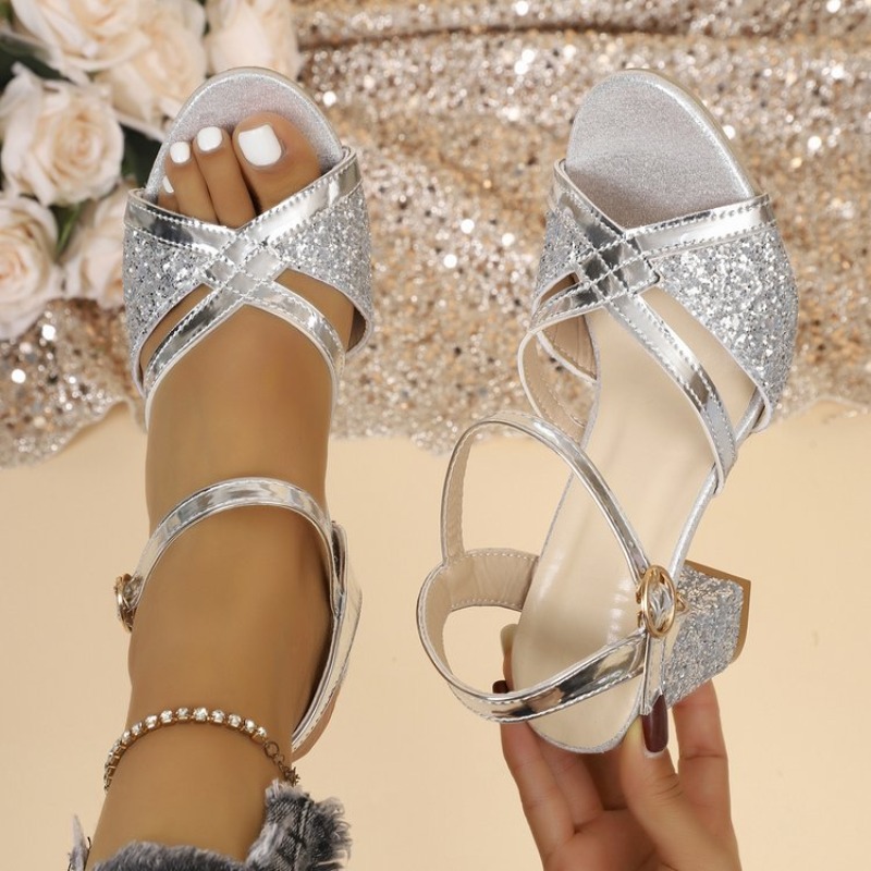 Strappy Heeled Sandals - Women Block Heels Sandals Gold Sparkly