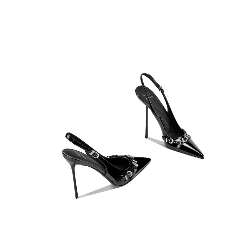 Strappy Heeled Sandals - Fashionable Black Pointed Toe Thin Heel
