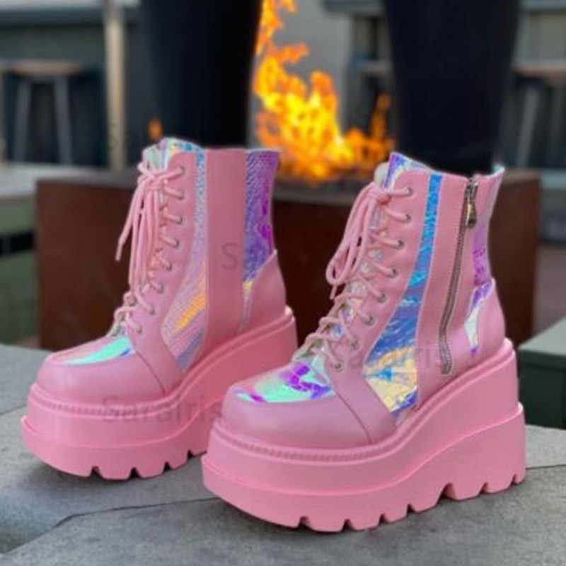 Women's Pink Holographic Platf - огляд і ціна Block Heel Ankle Boots