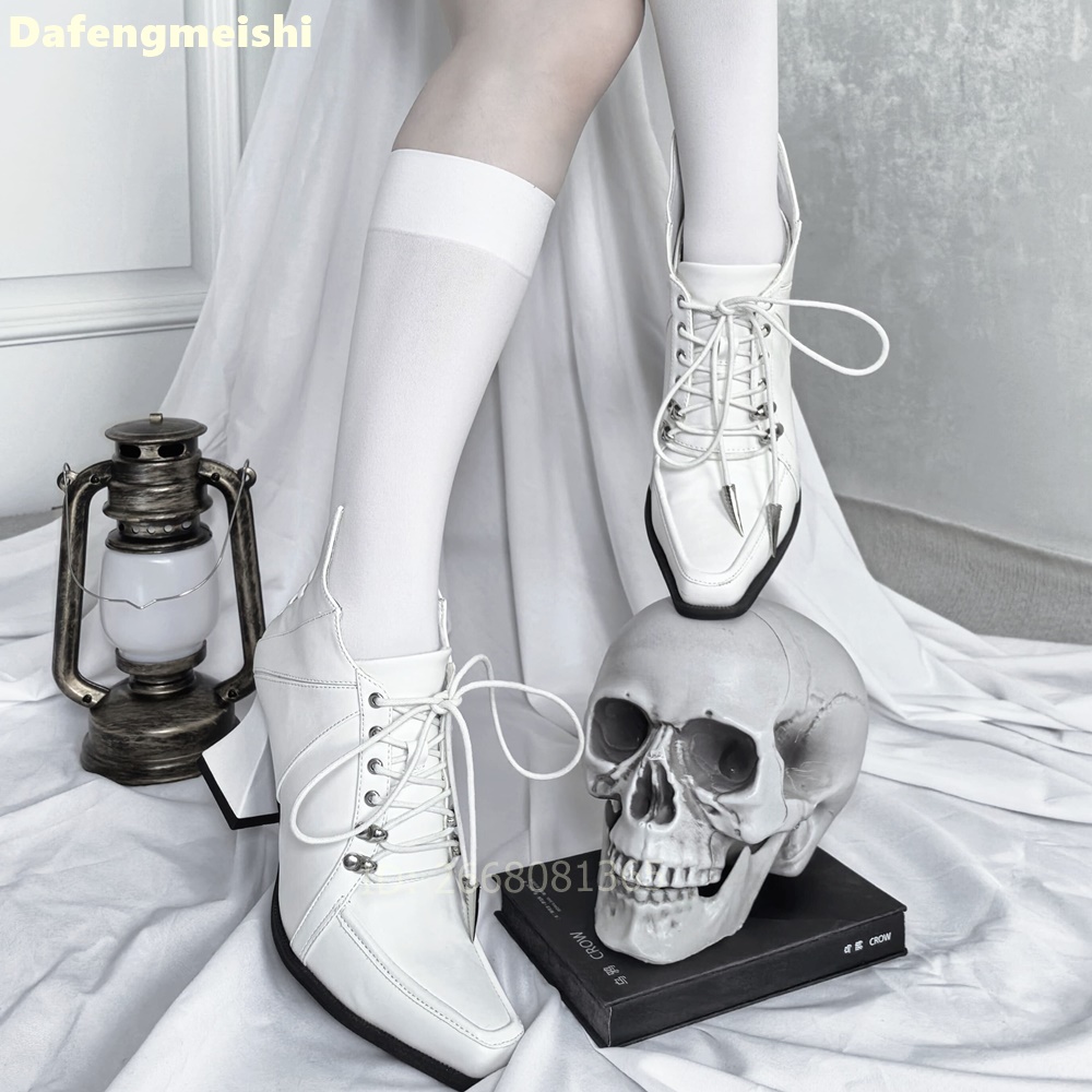 White Leather Square Toe Ankle - огляд і ціна Block Heel Ankle Boots